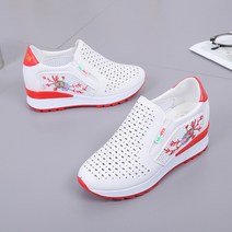 명브띠 꽃무늬 메쉬 웨지 키높이 여성 슬립온 4cm