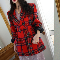 나라라오리 체크 벨티드 자켓