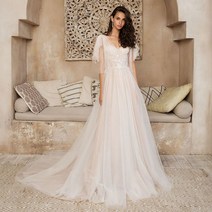 체형별웨딩드레스 BOHO 라인 브이넥 희'자 긴 드레스 레이스 Appliques Tulle Bridal 가운 푹신한 소매 아이보리 신부 연주복 셀프 웨딩 이브닝