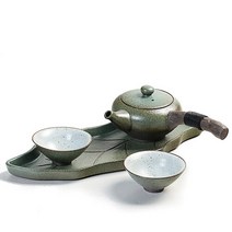 KALEFUCHA 일본 굵은 도자기 녹차 세트 잎 트레이와 찻잔 2개 선물 상자. 日本茶
