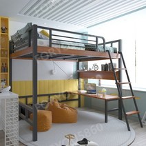 성인 이층침대 프레임 기숙사 복층 철제 침대 벙커침대 자녀방인테리어 서재책상 북카페, 브라운