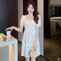 엔노 야요이 부드럽고 얌전한 여름 원피스 여 프렌치 스퀘어넥 달콤한 플라워 스커트 작은 키 작은 치마