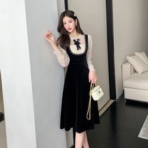【DF】리얼 샷 새로운 벨벳 드레스 봄 가을 새로운 우아한 작은 검은 드레스 스티치 햅번 스타일 드레스