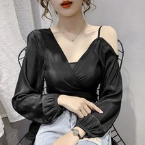 언발 오픈숄더 쉬폰 여성 가을 숏 슬림 스트랩 긴소매 반팔셔츠