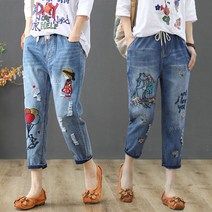 STAR빈티지 여자 밴딩 데님 팬츠 루즈핏 자수 9부 청바지