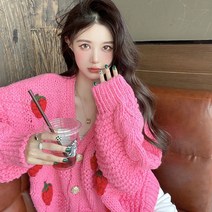 핫핑크가디건 셔츠가디건 MEXZT- 딸기 루즈핏 카디건 스웨터 여성용 가을 패션 긴 상의 프레피 스타일 Y2k