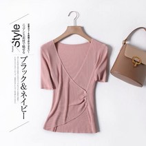 슬림핏 반팔티셔츠 숏 브이넥 키 본원 심플 버튼 단추 얇은 에어매쉬 이너니트 t셔츠 여성 875335325