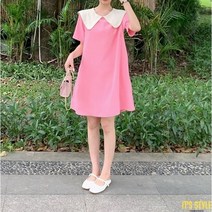 잇츠스타일 [L-4XL] 루즈핏 프렌치 빅카라 단색 핑크 반팔 미니 원피스