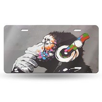 Banksy Dj 원숭이 사상꾼 헤드폰 번호판 장식 자동차 전면 금속 자동차 플레이트 번호판 화장대 태그 알루미늄 노블티 번호판 남성/여성/남아/여아용 자동차 15.2 x, Multi-1