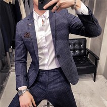 데일리 세미 정장수트 자켓 바지 신사복 슬림 피트 버튼 복장 블레이저 호스트 쇼 남성 정장 격자 무늬 웨딩 드레스 플러스 사이즈 S3XL