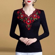 2021 패션 여성 레이스 자 수 v-목 블라우스 가을 겨울 긴 소매 대형 탑 벨벳 두꺼운 셔츠 W985