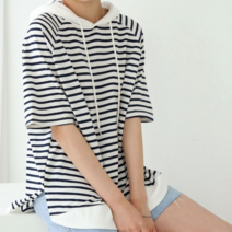 카라 나그랑 루즈핏 후드 스트라이프 쭈리면 여성 여름 롱 반팔 후디 후드티