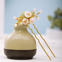 헤어 비녀 한복 혼주 뒤꽂이 전통 장신구 골드 컬러 금속 꽃 잎 시뮬레이션 진주 모양의