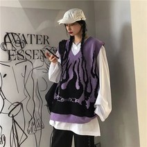 코발트블루 파란 부드러운 스웨터 니트 커플 조끼 가을 히트 컬러 불꽃 민소매 v넥 느슨한 세련된 대형