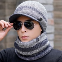 남자 겨울 캡 챙 니트 털모자 목워머 세트 골프 라운딩 필드 캐디 귀도리 연습복장 남성, 단일사이즈, 그레이
