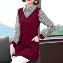 돌잔치복장 결혼식하객룩여자 스트라이프 패치워크 긴 소매 블라우스 셔츠 여성용 캐주얼 슬림 튜닉 상의 봄 가을 패션 의류