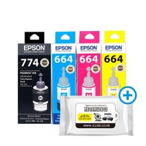 엡손 대용량 정품잉크 T774 검정 T664 컬러 4개 세트 + 항균물티슈 M105 M205 L605 L655 L1455, T774검정, T664컬러 4색 세트 + 항균물티슈