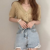 라라벨 여성용 펀칭 가디건 미뉴엣 반팔 니트 펀칭가디건 여성가디건
