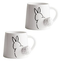 카페 머그컵 세트 2 마리 귀여운 도자기 고양이컵/개 컵/토끼컵 3D 릴리프 테일 300ml, 토끼 2pcs