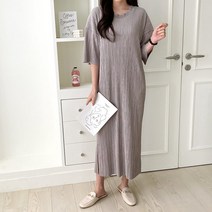 그린섬﻿ ﻿﻿﻿봄 플리츠 원피스 트임 롱 라운드넥 5부 데일리 편안한 국산