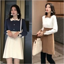 딸기언니 진주 단추 카라넥 투톤 하객 원피스 2컬러