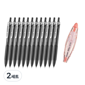 모나미 볼펜 NEW FX ZETA 0.7mm 12p + 노크식 수정테이프 SWIP 세트, 블랙(볼펜), 랜덤발송(수정테이프), 2세트