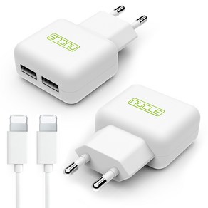 뉴클 2.1A USB 2포트 가정용 충전기 + 8핀 케이블 1m 세트, 2세트, 화이트