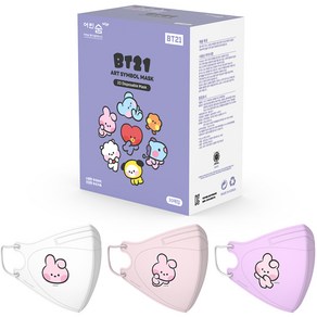 어린숨엣지 라인프렌즈 BT21 아트심볼 새부리형 컬러마스크 소형 COOKY 미니니 3종 x 10p 세트, 30매입, 1세트, 화이트, 라이트핑크, 라이트퍼플