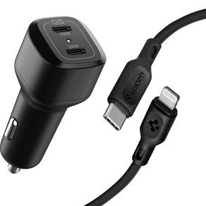 65W USB PD C타입 2포트 차량용 고속 충전기 + 애플 C to 라이트닝 MFi 케이블 세트, ASE06144, 블랙