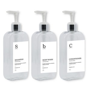 뉴앤룩 욕실 디스펜서 주방세제 리필용기 실버펌프 300ml x 3p + G샴푸 바디워시 컨디셔너 라벨 3종 세트, 투명, 1세트