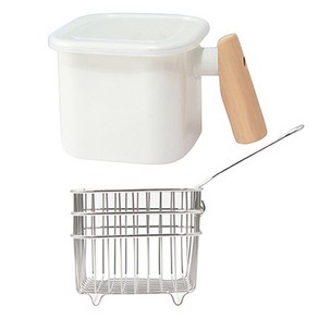 라임올리브 인덕션 사각 우드핸들 법랑냄비 1.45L + 스텐 튀김망 소 세트, 1세트, 14cm