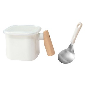 인덕션 라임올리브 사각 우드핸들 법랑냄비 1.45L + 서빙국자 세트, 화이트, 1세트, 14cm