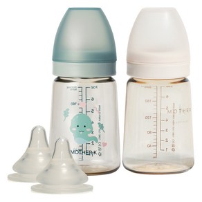 마더케이 베이직 PPSU 뱀뱀 젖병 180ml + 무꼭지 180ml + 젖꼭지 1단계 2p 세트, 민트, 크림, 1세트