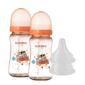 리틀밥독 국내 제조 PPSU 유꼭지젖병 트윈팩 300ml 젖꼭지 2개입, 오렌지, 1세트