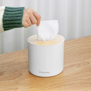 스토리빙 원목 휴지케이스 원형, 화이트 + 우드, 1개