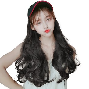 하이유니 웨이브 펌 시스루 뱅 헤어 모자 가발 50cm, 네츄럴블랙, 1개