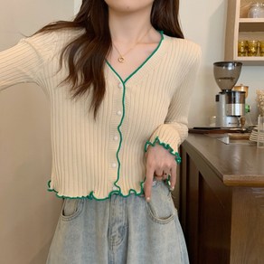 아이엠몽 여성용 루바시 브이넥 배색 골지 니트 가디건