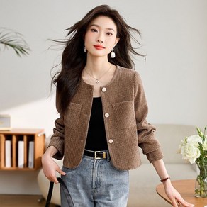 besteffie 여성용 라운드넥 코듀로이 자켓 봄 가을 겨울 오피스룩 세련된 디자인 버튼입체장식 긴팔 상의 K18