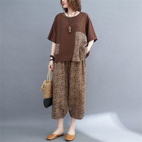 besteffie 중년여성 빈티지 플로럴 패턴 반팔상의 7부 팬츠 세트 봄 여름 면마 중장년 편안한 투피스 일상복 K78