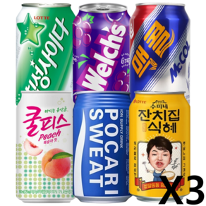 칠성사이다 3캔 + 웰치스 포도 3캔 + 맥콜 3캔 + 잔치집식혜 3캔 + 포카리스웨트 3캔 + 쿨피스 복숭아 3캔, 1세트, 355ml