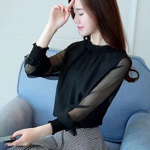 죠니제리 쉬폰 블라우스 여성 시스루 하객룩 봄가을 루즈핏 스탠드칼라 긴팔