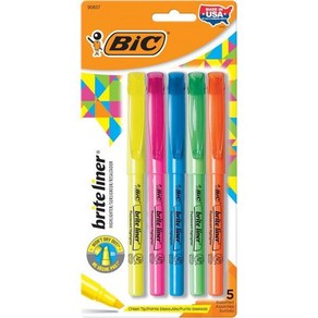 BIC 브라이트 라이너 형광펜 끌 팁 다양한 색상의 형광펜 5캔 팩 정리 및 색칠을 위한 이상적인 세트