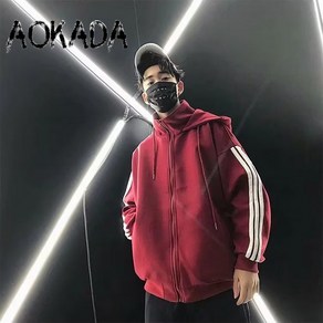 AOKADA 후드티 커플 가을 루즈핏 패션 야구 점퍼 스트라이프 순색 4color 지퍼 후드 티셔츠