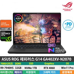 (당일발송) ASUS ROG 제피러스 G14 GA402XV-N2070 R9-7940HS/RTX4060/DDR5 32GB/NVMe 1TB/Win11Po/게이밍, WIN11 Po, 32GB, 1TB, 라이젠9, 그레이