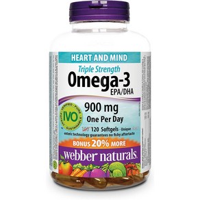 Webber Naturals Omega-3 900 mg 삼중 강도 120 투명 장용 비린내 뒷맛 소프트젤 심혈관 건강 및 뇌 기능 지원