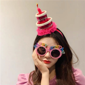 생일 축하 케이크 머리띠 파티 생일파티 소품 해피 벌스데이 홈파티, 1개, 핑크