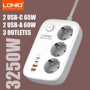 LDNIO 3 콘센트 멀티탭 EU 표준 PD 65W 4 USB 포트 충전 2M 익스텐션 코드 소켓 어댑터, 1개