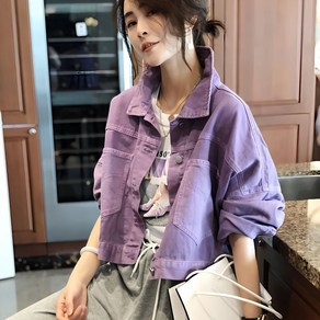 해피유통 퍼플 데님 코트 여자 자켓 숏 루즈핏 봄가을 긴팔 상의 LWJ