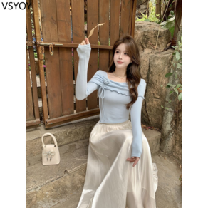 vsyoy 부드러운 스타일 세트 여성의 봄 새로운 3 차원 로즈 슬림 셔츠 투피스 세트