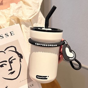 LONGGU 빨대 텀블러 귀여운 대비색 스텐 내병 580mL 커피 텀블러 coffee deam 보온 보냉 이중진공 물컵, 화이트, 1개